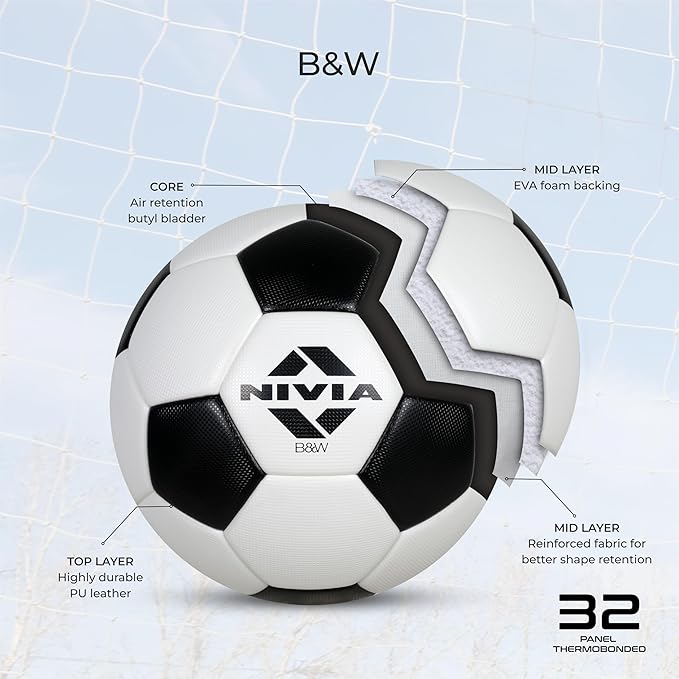 Nivia B&W Football, Thermobond, 32 Panels, Suitable for Soft & Wet Ground, Hard Ground, Football for Men and Women Size-5 (Black and