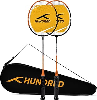 HUNDRED Aluminium Powertek 100 (Set of 2) Badminton Racket with Full Cover (115G, Black/Orange)