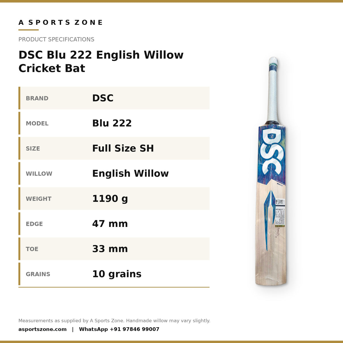 DSC Blu 222 English Willow Cricket Bat specifications - A Sports Zone