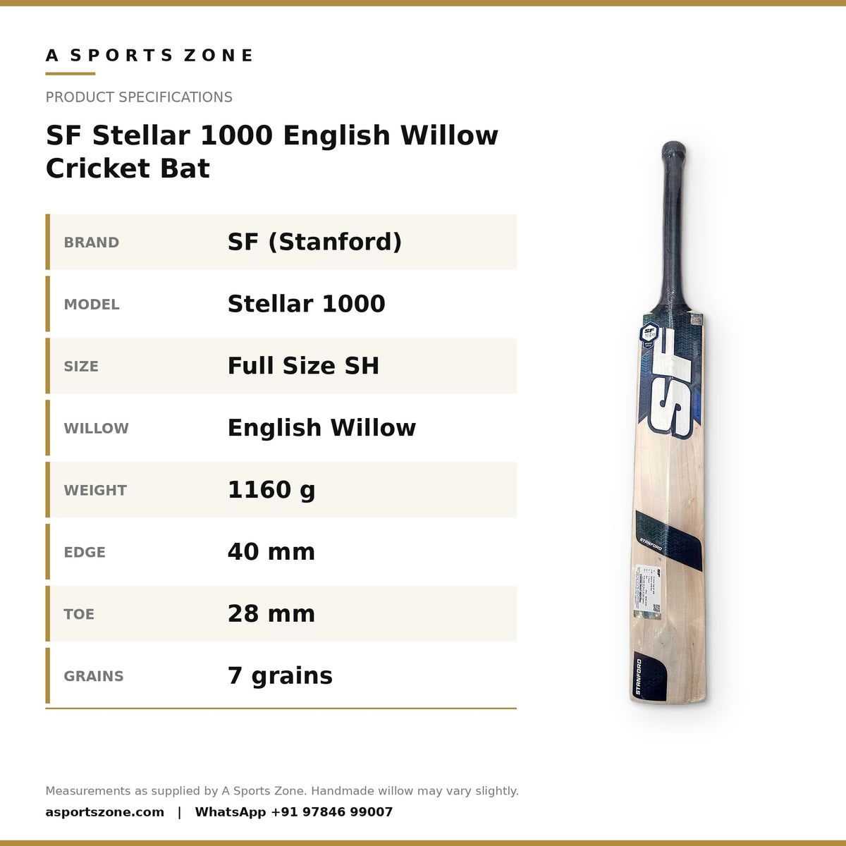 SF Stellar 1000 English Willow Cricket Bat specifications - A Sports Zone