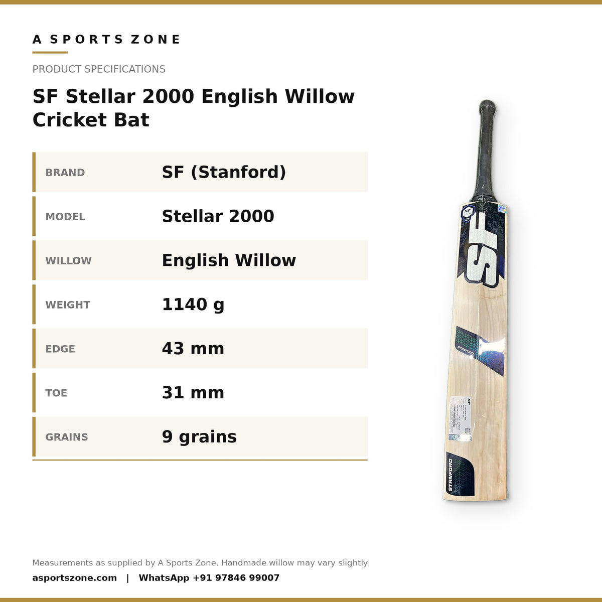SF Stellar 2000 English Willow Cricket Bat specifications - A Sports Zone