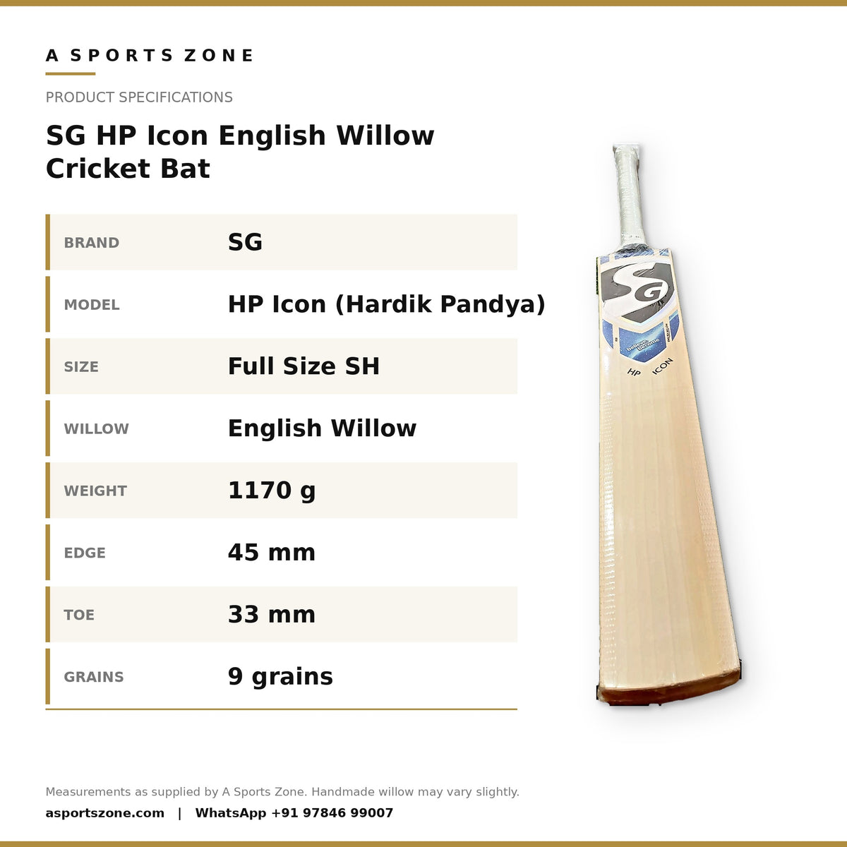 SG HP Icon English Willow Cricket Bat specifications - A Sports Zone