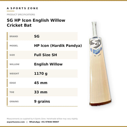 SG HP Icon English Willow Cricket Bat specifications - A Sports Zone