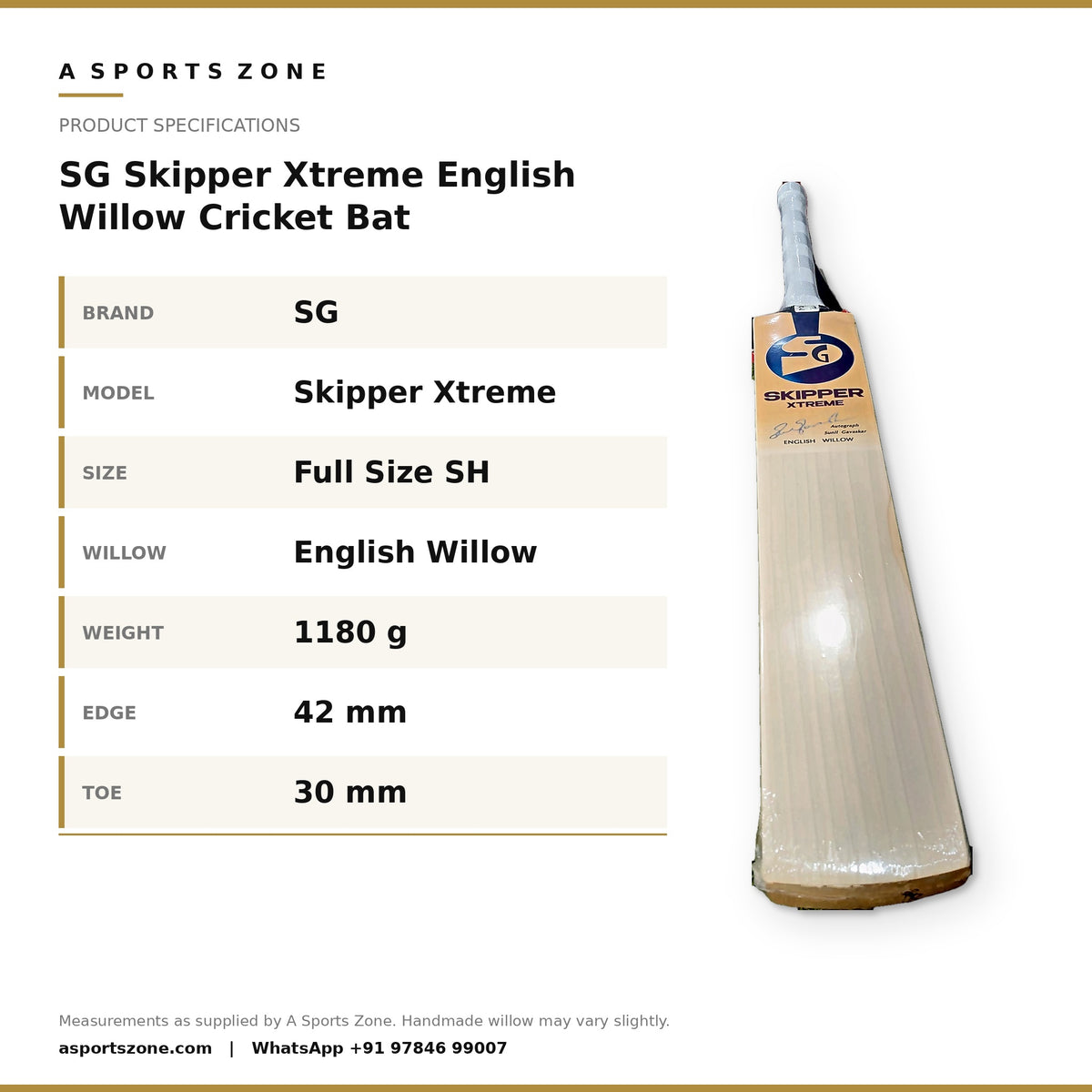 SG Skipper Xtreme English Willow Cricket Bat specifications - A Sports Zone