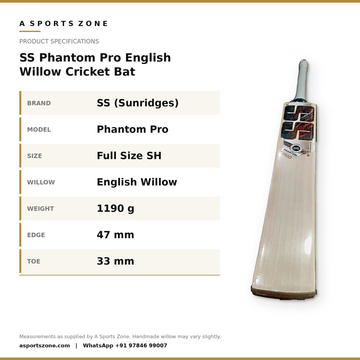SS Phantom Pro English Willow Cricket Bat specifications - A Sports Zone