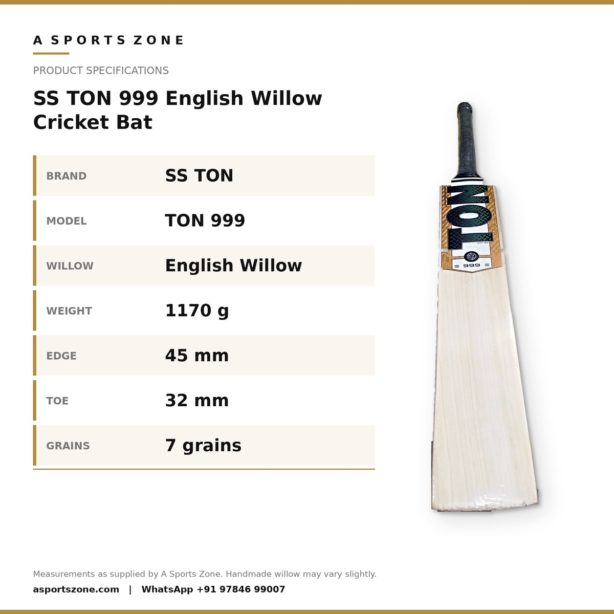 SS TON 999 English Willow Cricket Bat specifications - A Sports Zone