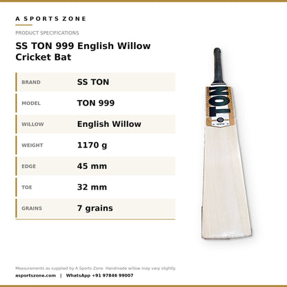 SS TON 999 English Willow Cricket Bat specifications - A Sports Zone